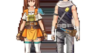 Official clear-data bonus artwork showing Estelle and Joshua in the original Trails in the Sky SC costume designs